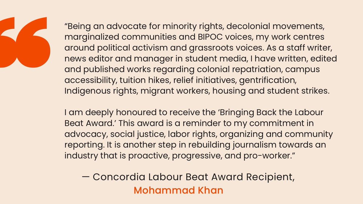 nluckhardt's tweet image. Congrats to @mokhanreports on being the recipient of @Concordia’s *Bringing Back the Labour Beat* award! Proud to partner with them to create it. 

The future of labour + social justice reporting is promising with journalists like Mohammad! ✊