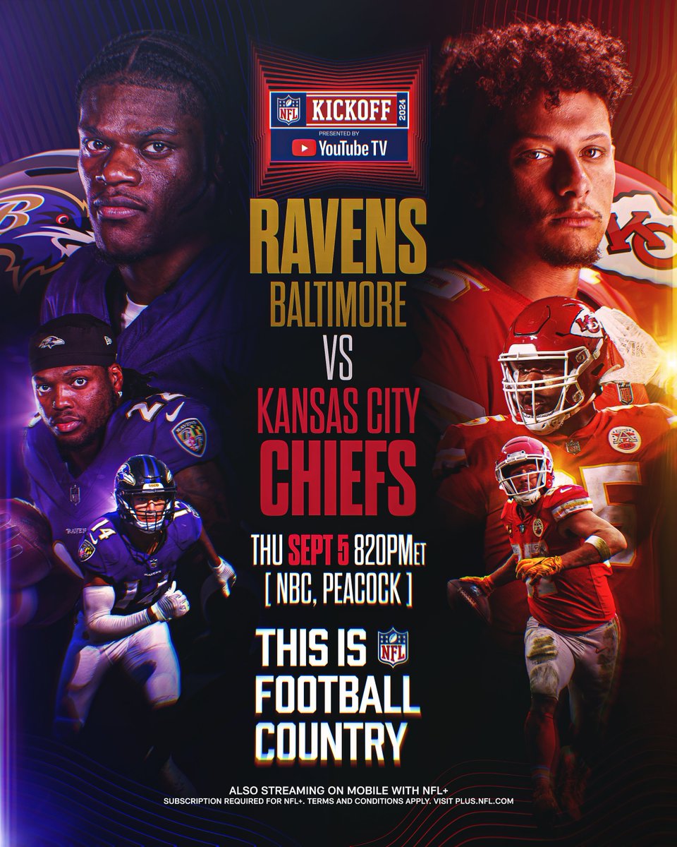 NFL's tweet photo. 24 HOURS TO KICKOFF 🏈

📺: #Kickoff2024 – Tomorrow 8:20pm ET on NBC/Peacock
📱: Stream on #NFLPlus https://t.co/ZbzWz6fYv9