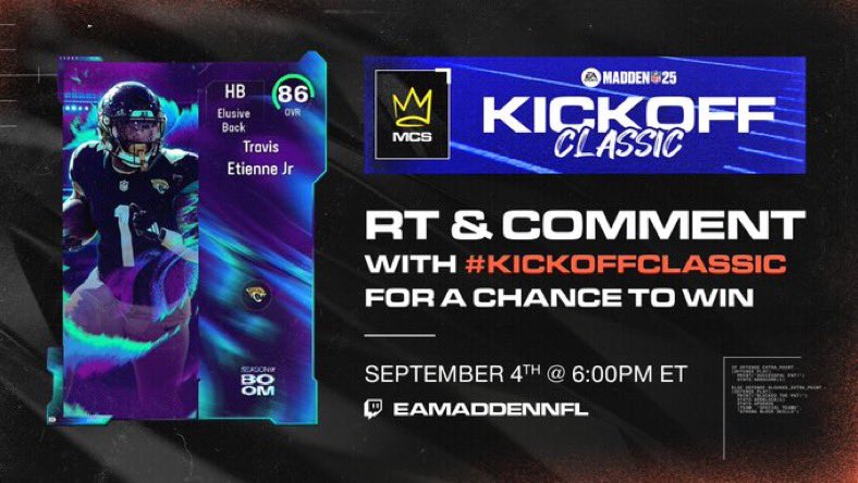BuffaloKaay's tweet image. The #KickoffClassic is LIVE on twitch.tv/eamaddennfl NOW! 

RT AND COMMENT #KickoffClassic on this post for a chance to WIN 86 OVR Travis Etienne Jr