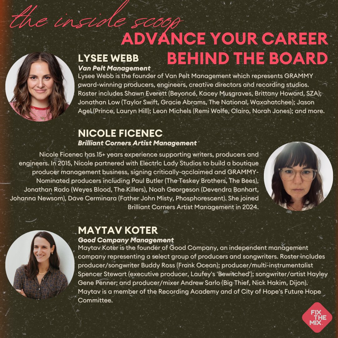 🚨NEW PANEL ALERT!🚨
Join powerhouse managers Lysee Webb, Nicole Ficenec, and Maytav Koter as they share insights on growing your career as a music producer and engineer.
RSVP NOW: ow.ly/vTve50TfVT6
#fixthemixsummit #wearemovingtheneedle #musicproducer #audioengineer