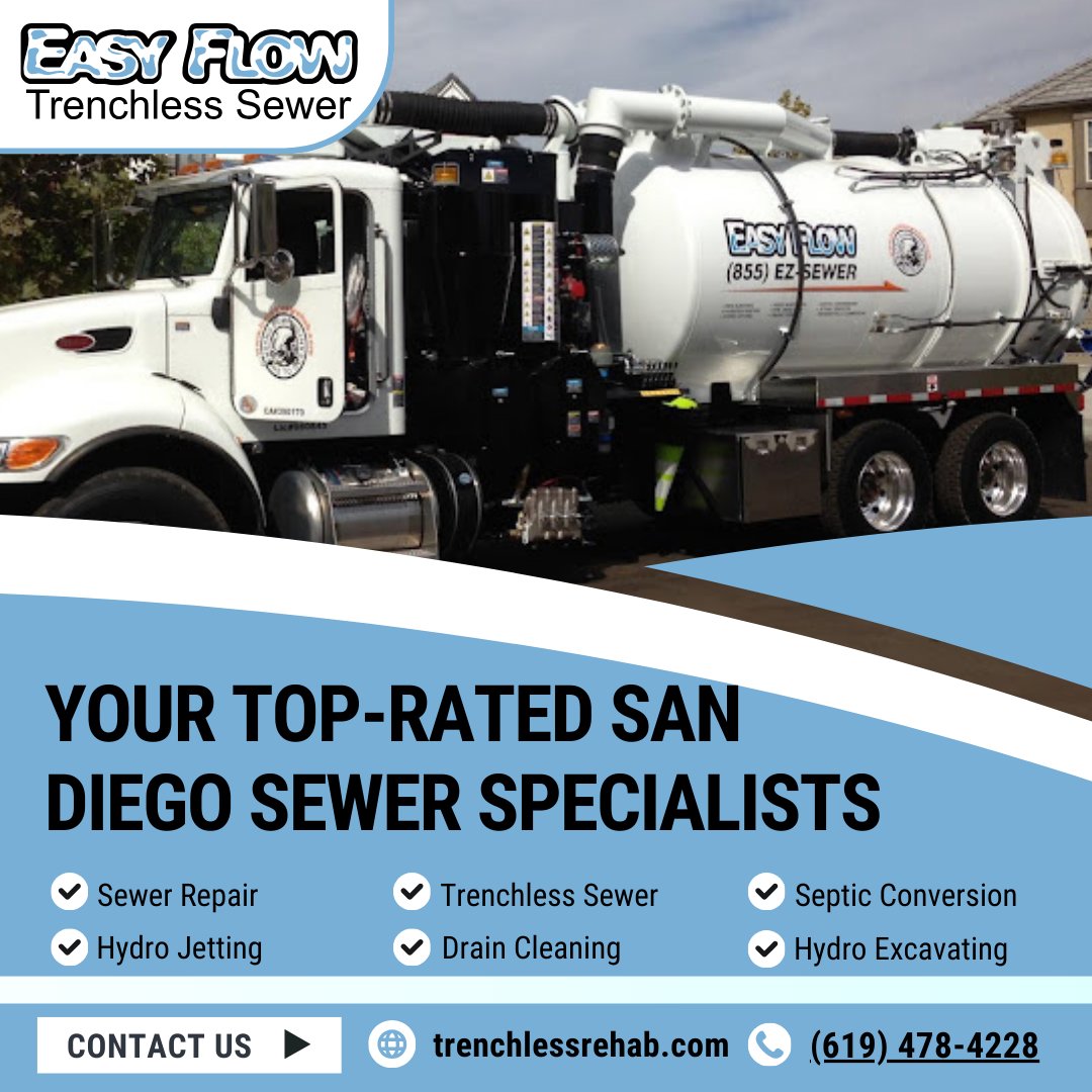 Easy_Flow_Drain's tweet photo. Looking for reliable sewer services in San Diego? Easy Flow Trenchless Sewer has you covered! From sewer repair and drain cleaning to hydro jetting and septic conversion, our team specializes in providing fast, efficient solutions for all your sewer needs. Contact us today! https://t.co/KJ65lVUPx7