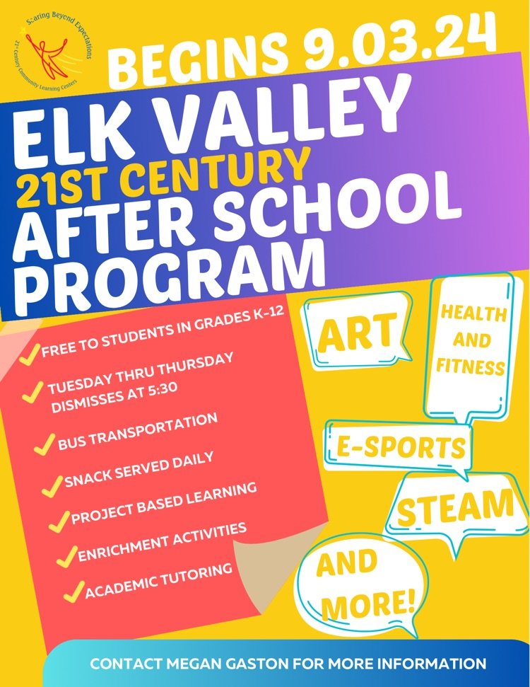 After School Program started 9/3/24. This program is FREE to students in grades K-12. Sign-up is required. After school on Tues-Thurs until 5:30!