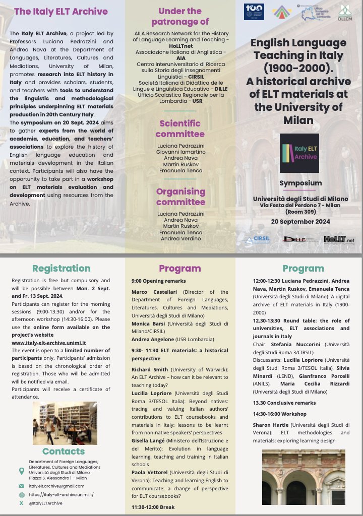 English Language Teaching in Italy (1900-2000). A historical archive of ELT materials at the University of Milan
One-day conference supported by HoLLTnet on 20 Sept. 2024, University of Milan
Link for online participation:
teams.microsoft.com/l/meetup-join/…