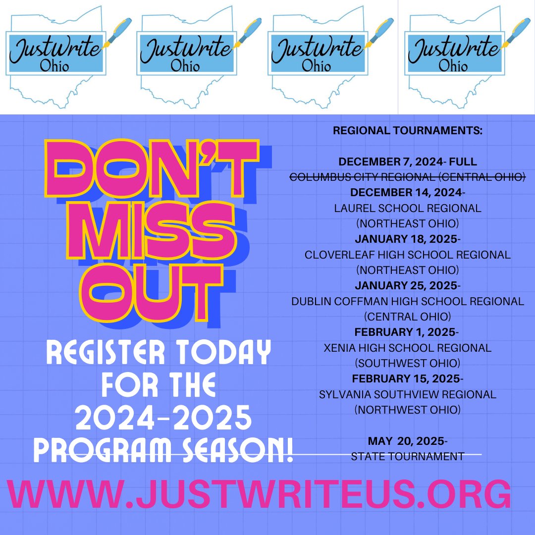 It's Time To REGISTER!  Don't miss your chance to participate in the best high school creative writing and literacy program in Ohio!

Register today at justwriteus.org