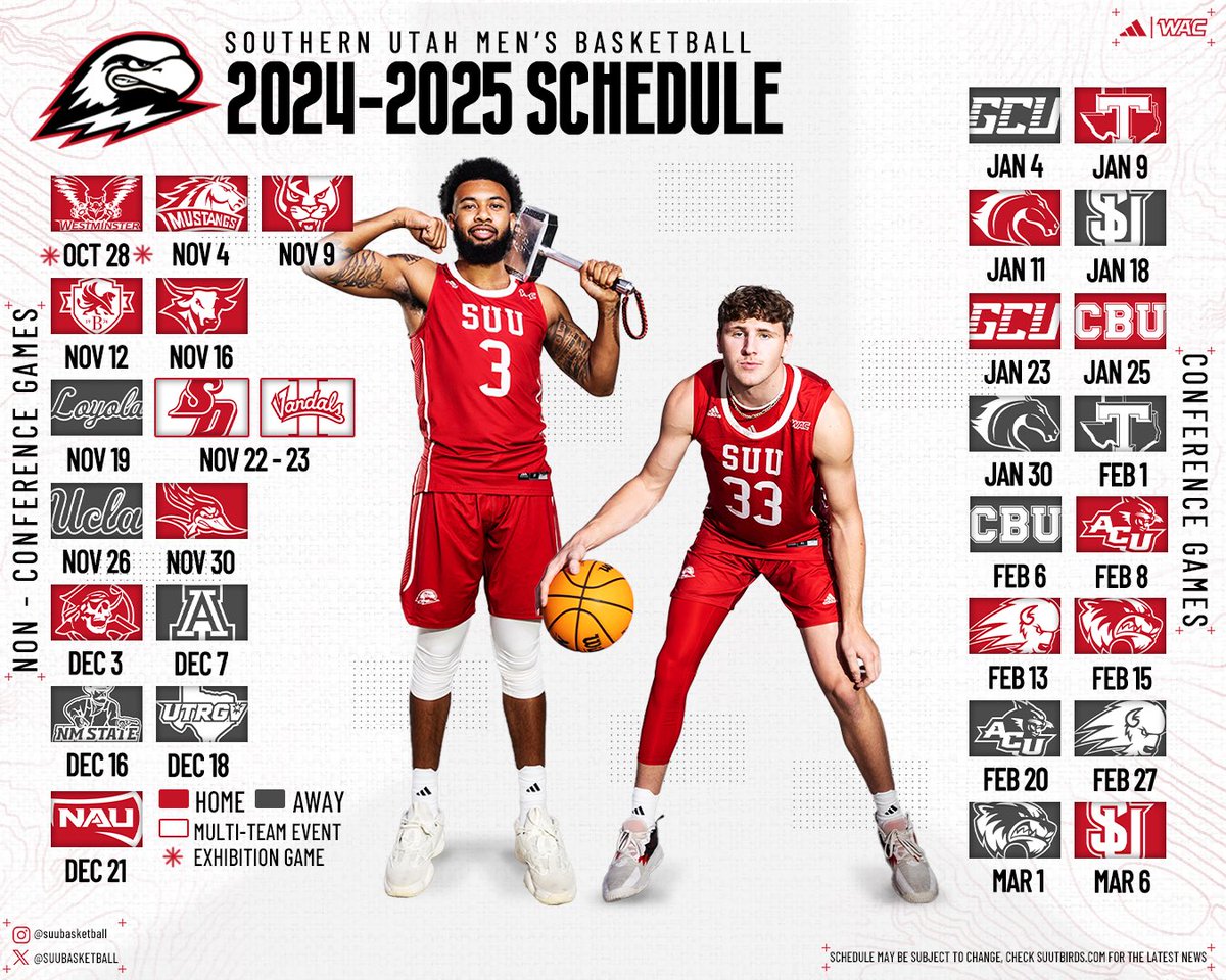 SUUBasketball's tweet image. Men’s Basketball 2024-25 Non-Conference Schedule

📰 : tinyurl.com/3vdak8xb
🎟️ : tinyurl.com/2p8yumrz

#TBirdNation ⚡️ #RaiseTheHammer