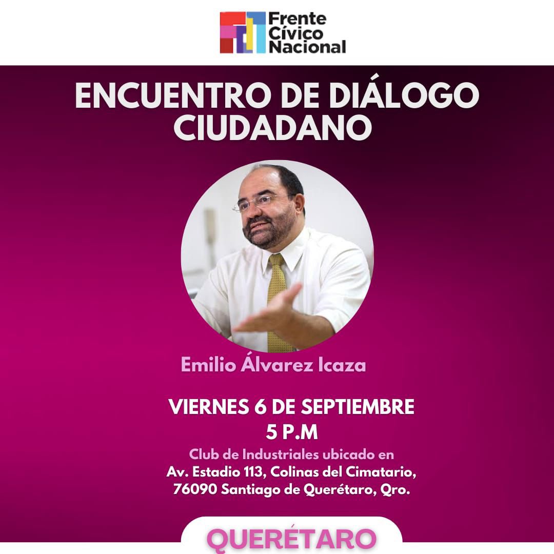 Nos vemos este viernes 5 de septiembre en el Encuentro de Diálogo Ciudadano, será en el Club Industriales en Querétaro. 
<a href="/FCN_mx/">Frente Cívico Nacional</a>