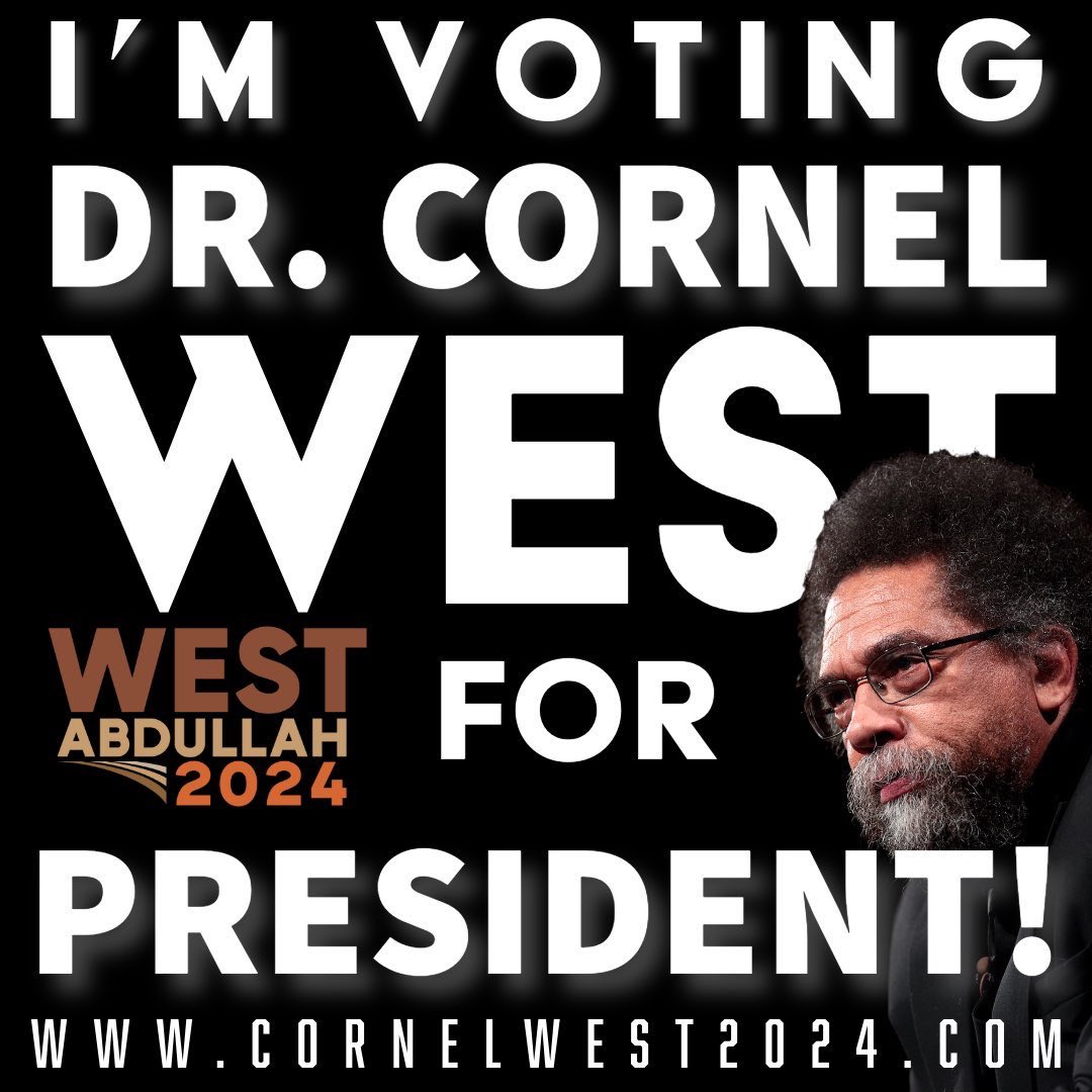 Melina Abdullah (@docmellymel) on Twitter photo Vote your vision, not your fear!
I’m voting for <a href="/CornelWest/">Cornel West</a> for President! How about you?
#WestAbdullah2024 Vote your vision, not your fear!
I’m voting for <a href="/CornelWest/">Cornel West</a> for President! How about you?
#WestAbdullah2024