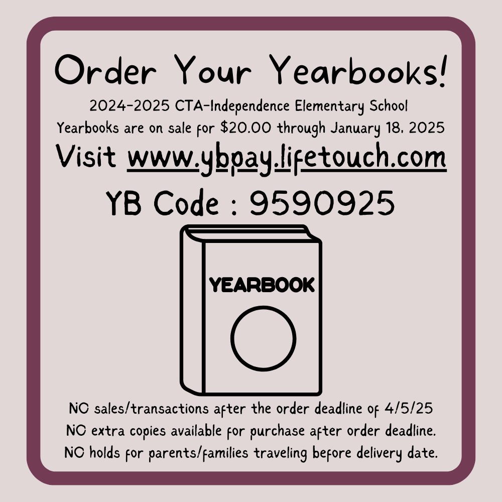 CTAIndeHawks's tweet photo. Visit https://t.co/xPAopFmPfO and enter code 959025 to order your child's yearbook for $20 (base price) before January 18th. The base price increases to $25 from 1/18/25-4/5/25. https://t.co/nIoktgRznr