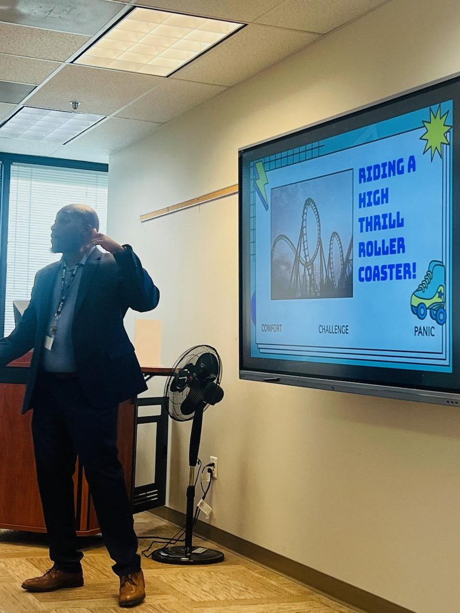 mcpsequityteam's tweet photo. Dr. Anthony Alston, Director of the Equity Department, leading the Antiracist Advisory Committee in a comfort, risk, danger zone community builder. #EquityEveryday https://t.co/5vBnR5iR5G