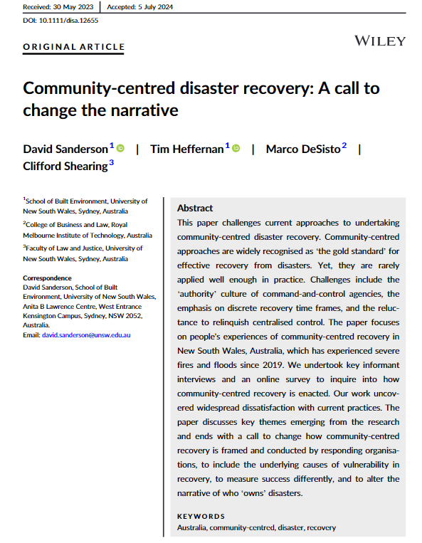 New in article in the journal Disasters - Community-centred disaster recovery: A call to change the narrative.