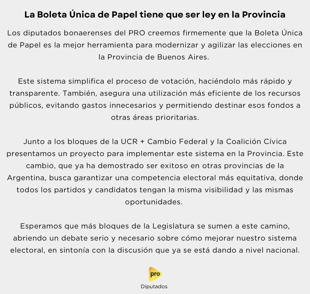 👉La Boleta Única de Papel tiene que ser Ley en la Provincia. 

El PRO junto a los bloques de la UCR + Cambio Federal y la Coalición Cívica, presentamos un proyecto de Boleta Única de Papel (BUP) en la Legislatura Bonaerense.