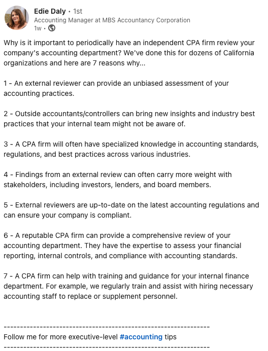 Here is how our CPA firm can help your #nonprofit if you already have in-house #Accounting personnel.

Edie Daly, our Head of Controller and CFO services, explained it well in a recent post on LinkedIn

Follow Edie on LinkedIn here: linkedin.com/in/ediedaly/