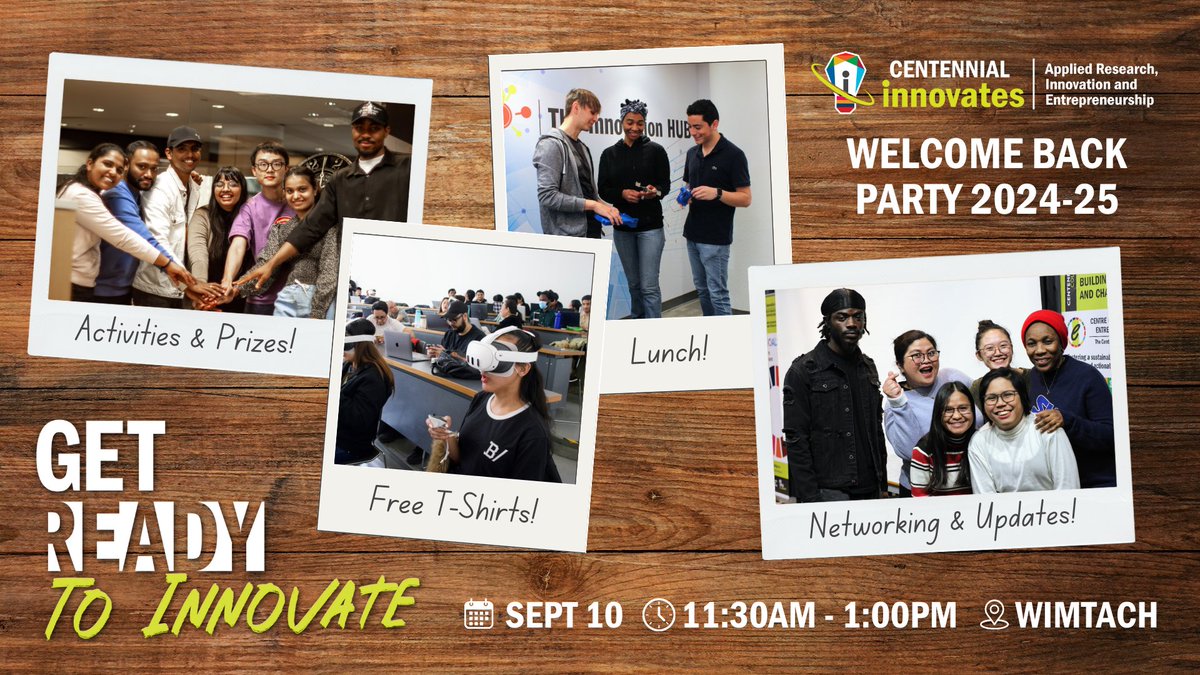 All #CentennialInnovates students, faculty and staff researchers: you're invited to our "Get Ready to Innovate" 2024-25 Welcome Back Party! 🎉🥳

🗓️ Tuesday September 10th, 2024
⏰ 11:30AM – 1:00PM
📍WIMTACH (305 Milner Ave. Unit 112)

Kick off the new academic year with us! 👏