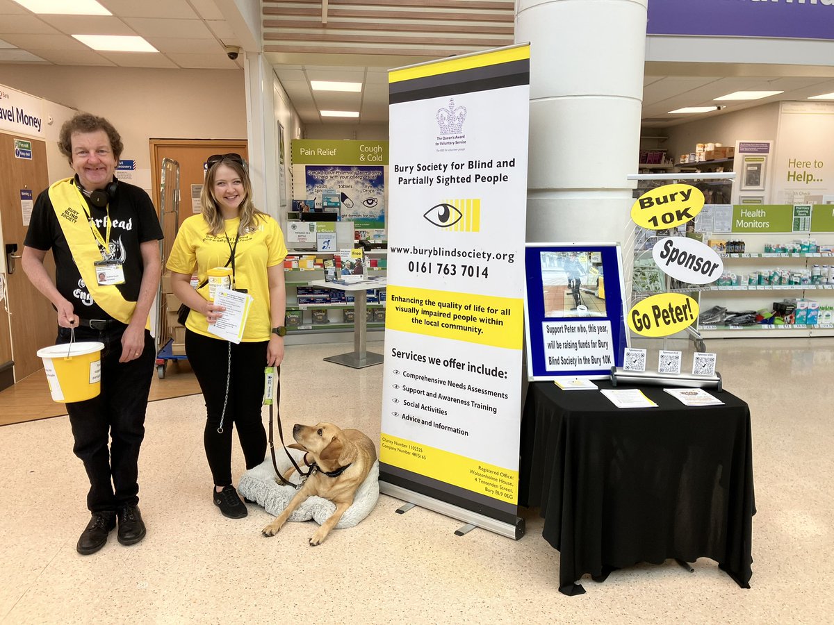 Thank you to Community Champion Wendy &amp; lovely customers <a href="/Tesco/">Tesco</a> Bury for their generous donations for our volunteer Peter who is running in the Bury 10K, 15/9.  To donate further go to buryblindsociety.org