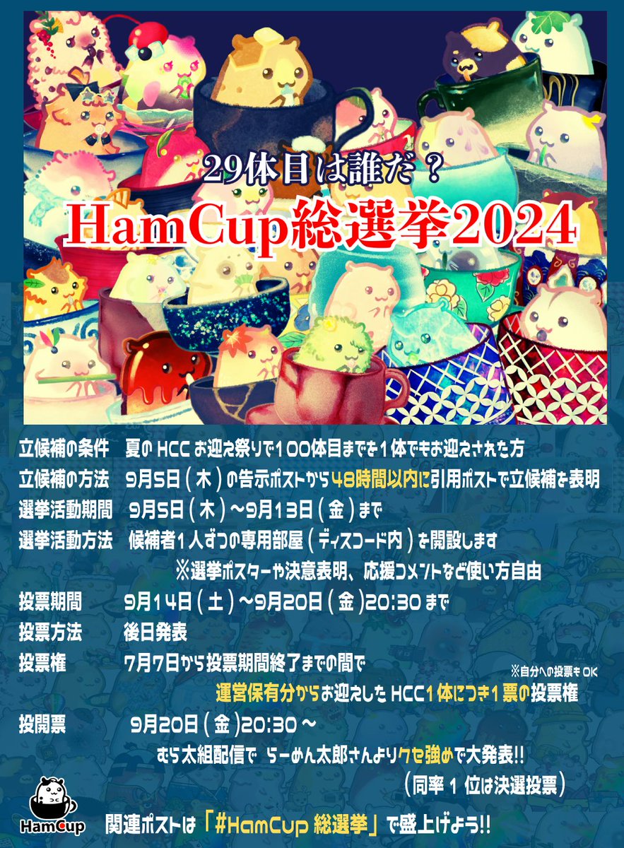 honty_HamCup's tweet photo. 【 大注目 】

『 HamCup総選挙2024 』開催✨

1ETH超えの売買、
1ETH超えのオファーでも手に入れること不可、
買いたくても買えない国内TOPクラス1点ものHamCup......

1年のときを経て、
『 HamCup #029 』プレゼント🎁

初✨
オーナー様のご要望でオーダーメイドで作成🐹☕️

伝説の幕上げだあああ❤️‍🔥

※ 追記 ※

・立候補の表明をお忘れなく

・選挙活動はご自由ですが、賄賂は辞めましょうww

・リアルタイムで誰が何票を獲得してるか、
Discord特設部屋などで観れるようにします
また、19:30〜20:30の毎日スペース配信で速報や実況中継します

・ほんてぃの買収や美人局により、
自分を推す投稿や配信や票を入れさせようとする手にはのりませんww
誰もがチャンスがあるように平等に接させていただきますww

くわしくは、画像のご確認を✅
ご質問などはコメントでお気軽にどうぞ