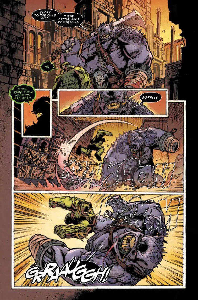 PhillipKJohnson's tweet photo. "Glory to the Child God. These cattle ain't for selling."

"Then I will take them when you are dead."

INCREDIBLE HULK #16, out today from @Marvel! Art and letters by the great @dannyearls16 #MattWilson @deezoid @corypetit, cover @NicKlein edits @cracksh0t @TommyGWrites #MRDaniel https://t.co/jxhNSY6fjj