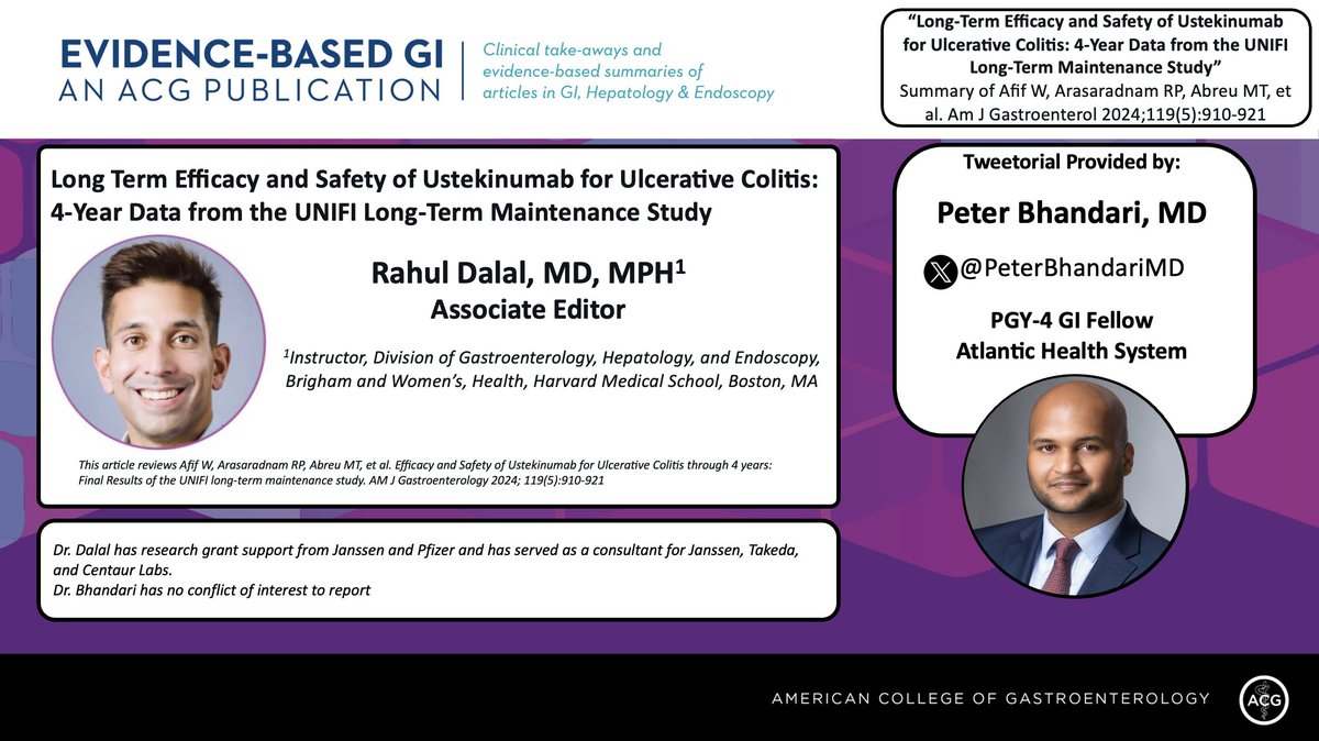 Evidence-Based GI: An ACG Publication (EBGI) (@acg_ebgi) on Twitter photo 1/⏰ for #EBGI Tweetorial🧵w/ <a href="/PeterBhandariMD/">Peter Bhandari, MD</a>
Long-term efficacy and safety of Ustekinumab for UC: 4 year data from the UNIFI Long-term Maintenance Study
From <a href="/RahulSDalalMD/">Rahul S. Dalal, MD, MPH</a>👇
📜 Summary shorturl.at/W7pEO
🎧 shorturl.at/bRqeL
📰 shorturl.at/Ar4zo
#GITwitter 1/⏰ for #EBGI Tweetorial🧵w/ <a href="/PeterBhandariMD/">Peter Bhandari, MD</a>
Long-term efficacy and safety of Ustekinumab for UC: 4 year data from the UNIFI Long-term Maintenance Study
From <a href="/RahulSDalalMD/">Rahul S. Dalal, MD, MPH</a>👇
📜 Summary shorturl.at/W7pEO
🎧 shorturl.at/bRqeL
📰 shorturl.at/Ar4zo
#GITwitter