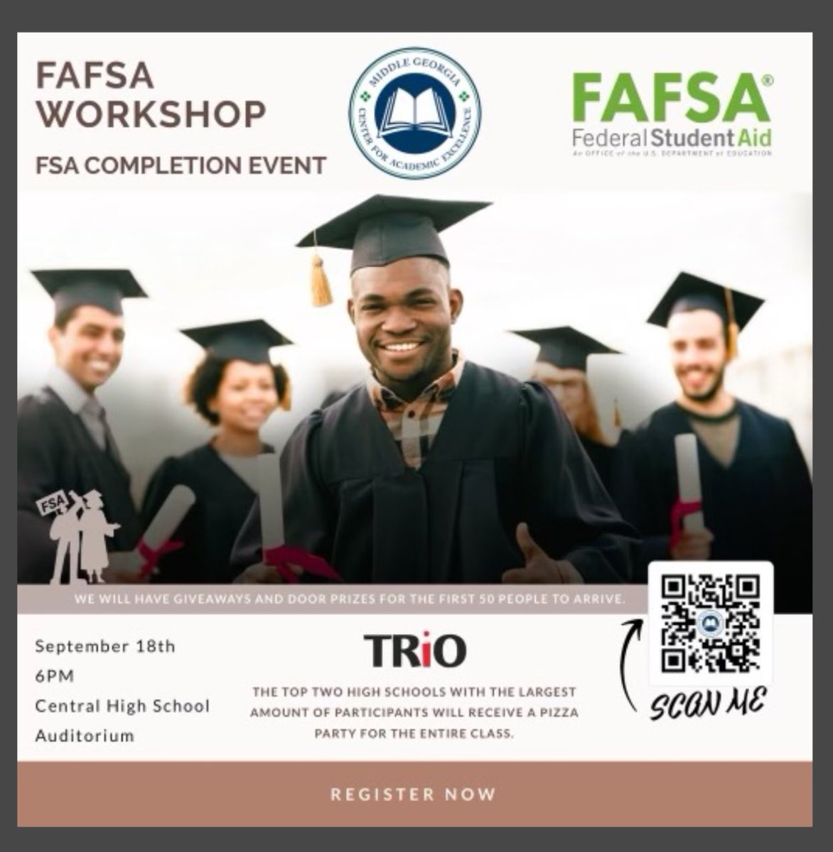 There will be a free FAFSA Workshop event for all Bibb Seniors on Sept. 18 from 6 to 8 PM at Central High. The top 2 schools with the largest number of seniors in attendance will win a pizza party for the entire class! Register today at: docs.google.com/forms/d/e/1FAI…