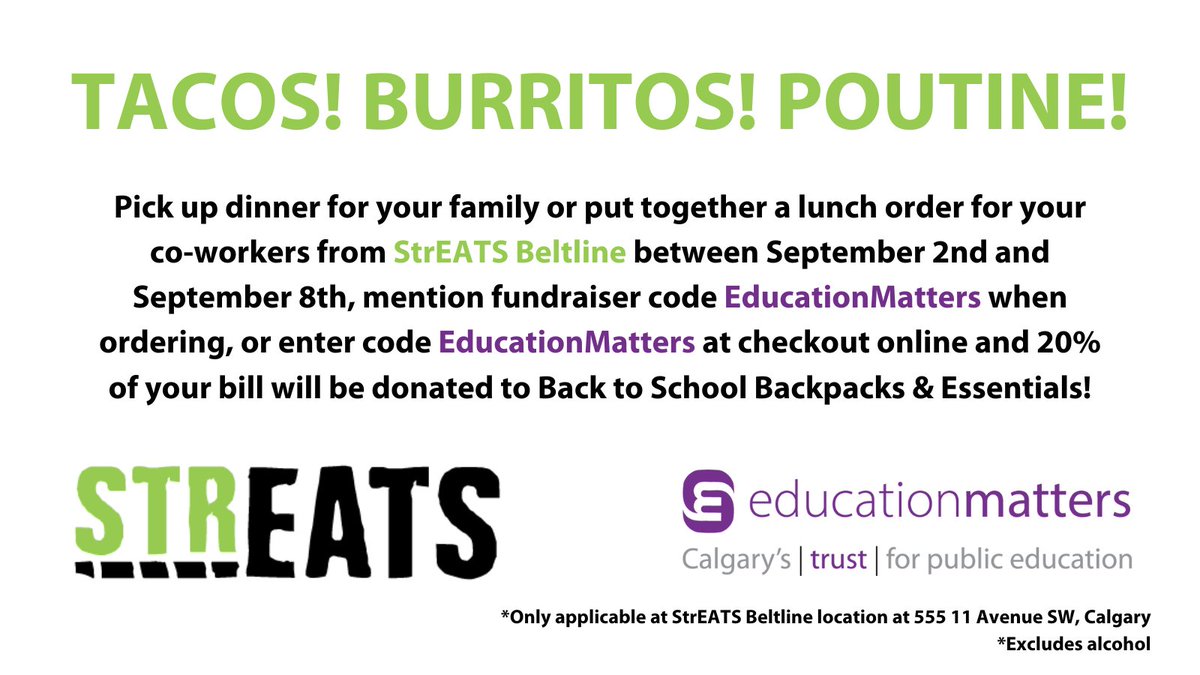 It's a busy time of year, so why not pick up lunch or dinner in the Beltline? Pop over to StrEATS on 11th Ave this week and mention EducationMatters and 20% of your bill will go towards providing backpacks and school supplies for @yycbedu students in need! 

#SupportLocalYYC