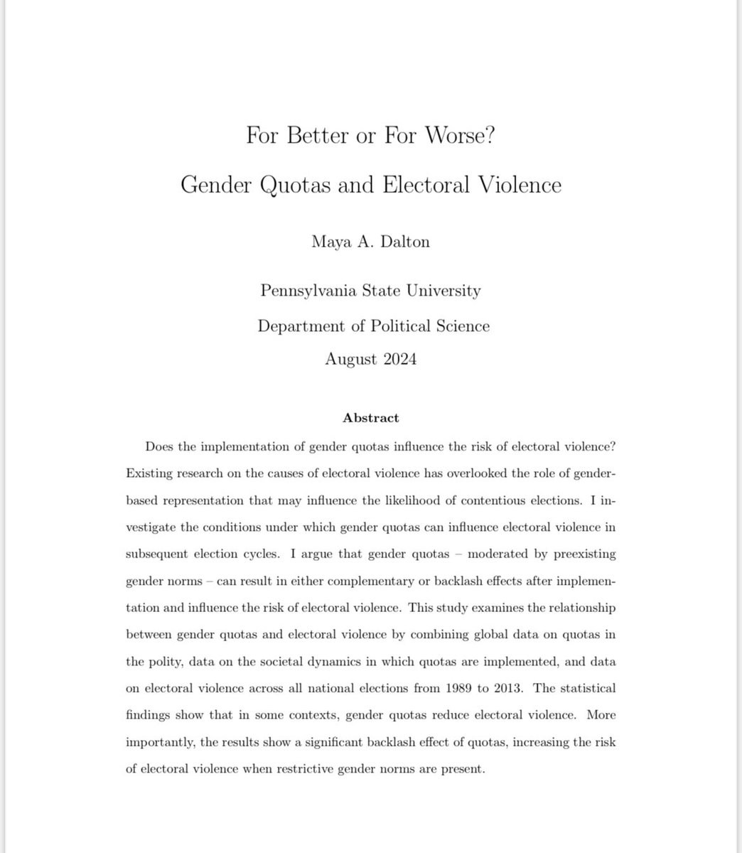 Kicking off #APSA24 bright and early tomorrow morning in the Democratic Backsliding panel (📍8am in Marriot, Franklin 6). I’ll be presenting my master’s thesis examining the relationship between implementation gender quotas and electoral violence. #PhDChat