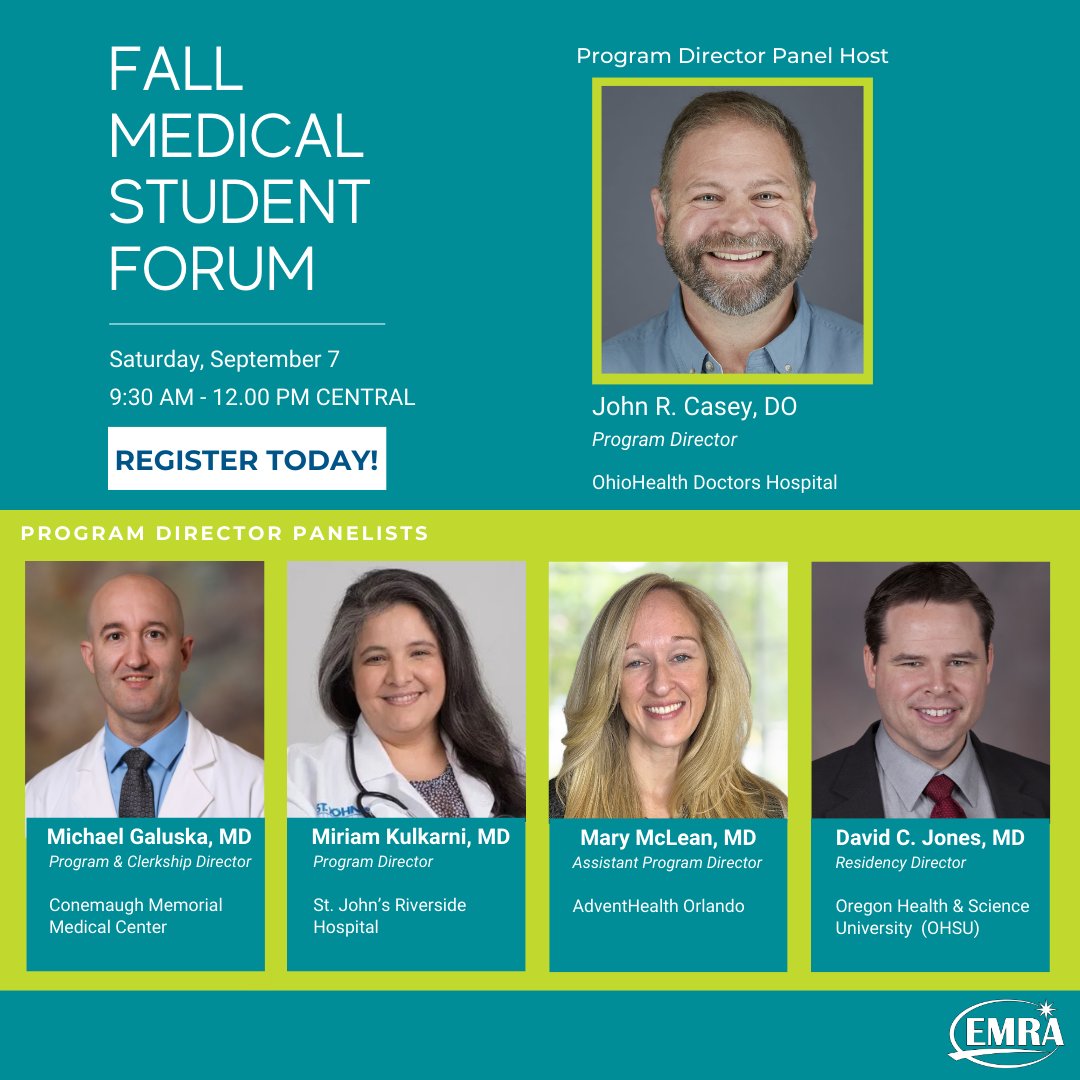 emresidents (@emresidents) on Twitter photo 📣 Check out the panel of EM physicians that will be hosted by <a href="/JohnCaseyDO/">John Casey</a>
for the Fall Medical Student Forum! Don't wait until the last minute to register for this awesome virtual event. Have your questions ready!
Register now 👉 bit.ly/3OxeJAX
#emresidents #EMRAmsf 📣 Check out the panel of EM physicians that will be hosted by <a href="/JohnCaseyDO/">John Casey</a>
for the Fall Medical Student Forum! Don't wait until the last minute to register for this awesome virtual event. Have your questions ready!
Register now 👉 bit.ly/3OxeJAX
#emresidents #EMRAmsf