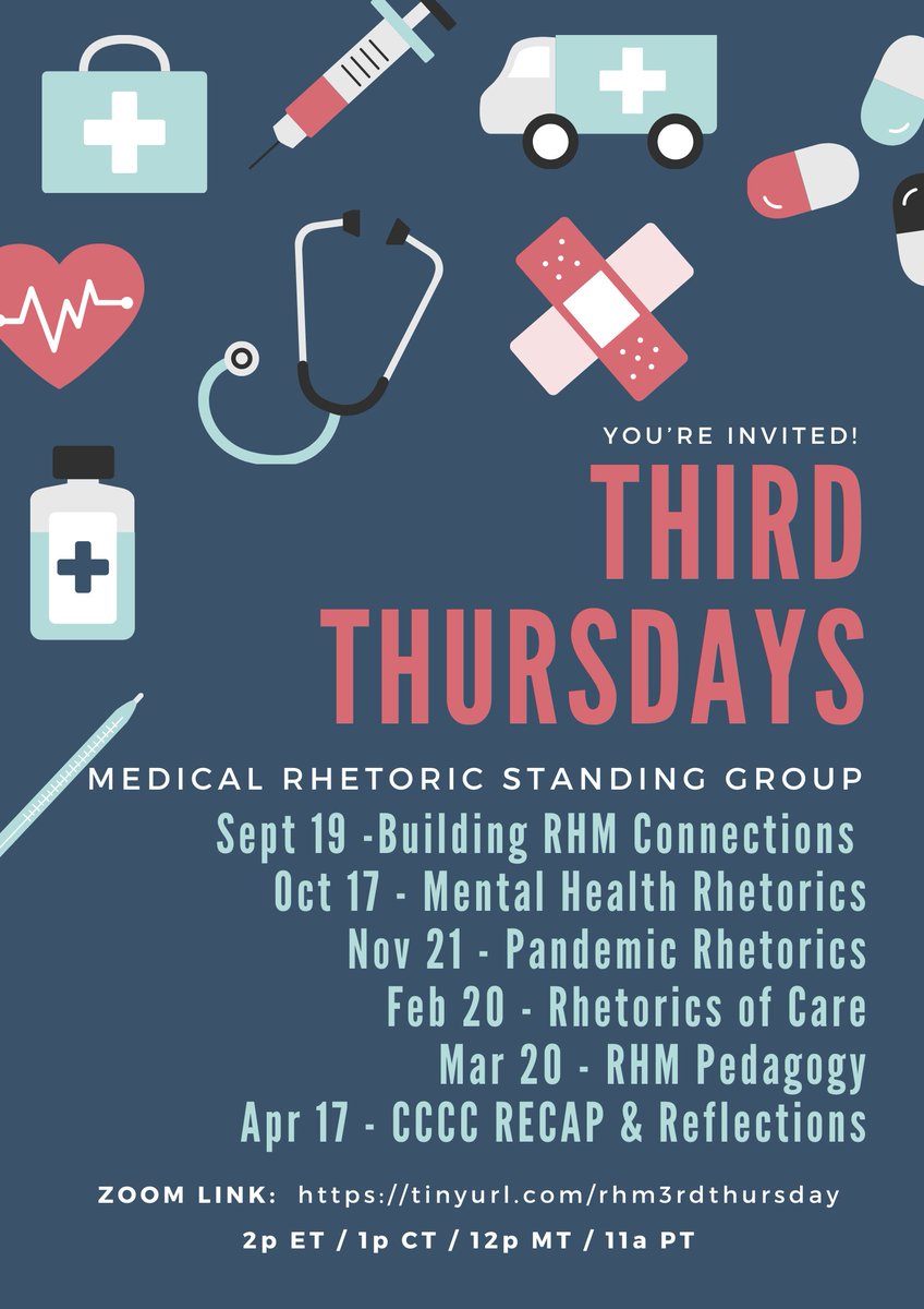 Welcome back to Third Thursdays - an informal space to discuss current Rhetoric of Health and Medicine (RHM) scholarship and form working relationships with others in the field. Graduate students and faculty of all ranks are welcome.