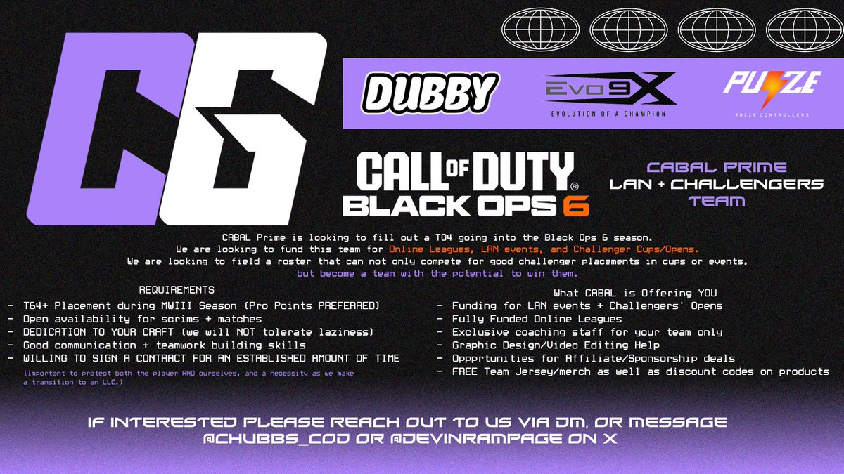 CABALGGs's tweet image. 🌐We are looking to fill out our roster for CABAL Prime🌐

This roster will compete in OLL’s, LANs, and Challenger Cups/Opens with funding for ALL of them.

We want to build a team that will not only be among the best, but has the potential to win next title. Come join our family…