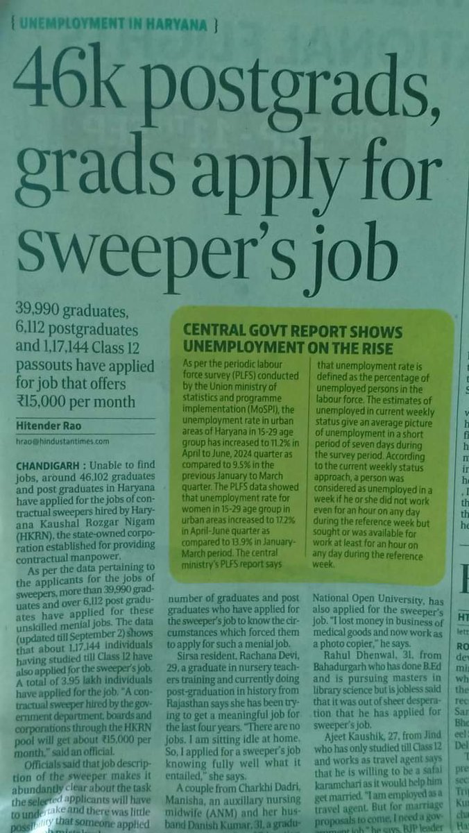 zoo_bear's tweet image. Over 6000 postgraduates, nearly 40,000 graduates, and 1.2 lakh candidates who have studied up to class 12 have applied for a sweeper's job in Haryana government departments, boards, corporations and civic bodies. A total of 3.95 Lakh candidates have applied for a job which offers…