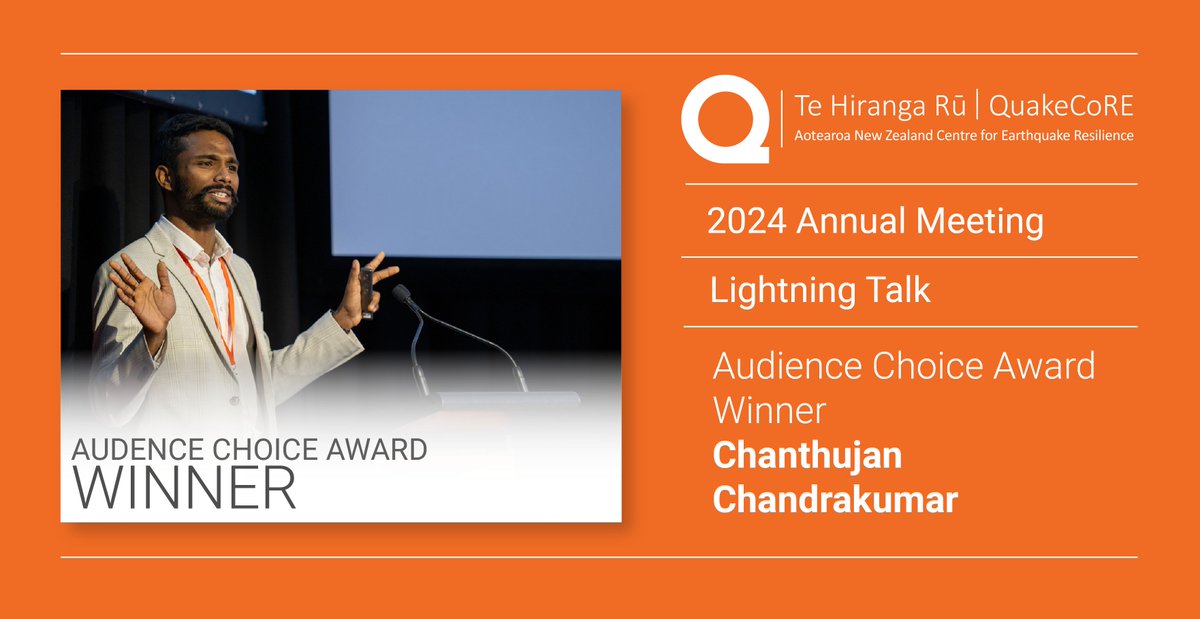 Te Hiranga Rū QuakeCoRE (@quakecore) on Twitter photo 🎊 Congratulations to Chanthujan Chandrakumar (<a href="/chanc_93/">chandrakumar chanthujan</a>) (<a href="/MasseyUni/">Massey University</a>), the QuakeCoRE 2024 Annual Meeting Lightning Talk Audience Choice Award Winner!
#QCAM24 🎊 Congratulations to Chanthujan Chandrakumar (<a href="/chanc_93/">chandrakumar chanthujan</a>) (<a href="/MasseyUni/">Massey University</a>), the QuakeCoRE 2024 Annual Meeting Lightning Talk Audience Choice Award Winner!
#QCAM24
