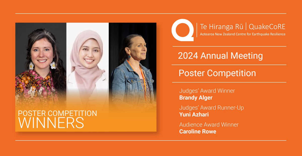 Te Hiranga Rū QuakeCoRE (@quakecore) on Twitter photo 🎉 Congratulations to our QuakeCoRE 2024 Annual Meeting Poster Award Winners:
Judges' Choice Award Winner: Brandy Alger (<a href="/UCNZ/">University of Canterbury</a>)
Judges' Choice Award Runner-up: Yuni Azhari (<a href="/AucklandUni/">University of Auckland | Waipapa Taumata Rau</a>)
Audience Choice Award Winner: Caroline Rowe (<a href="/otago/">University of Otago</a>)
#QCAM24 🎉 Congratulations to our QuakeCoRE 2024 Annual Meeting Poster Award Winners:
Judges' Choice Award Winner: Brandy Alger (<a href="/UCNZ/">University of Canterbury</a>)
Judges' Choice Award Runner-up: Yuni Azhari (<a href="/AucklandUni/">University of Auckland | Waipapa Taumata Rau</a>)
Audience Choice Award Winner: Caroline Rowe (<a href="/otago/">University of Otago</a>)
#QCAM24