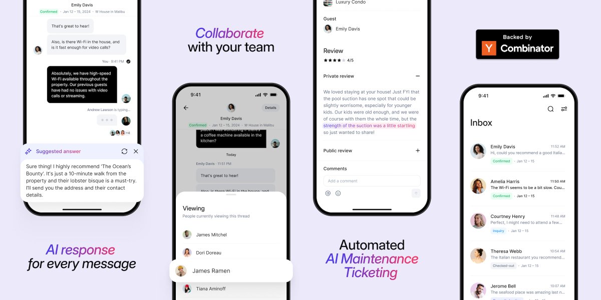 ycombinator's tweet image. YC S24&apos;s @prohostAI is building an AI property manager assistant for hosts on Airbnb and other platforms. It helps reduce operating costs by 30%, automating 70% of guest communications and driving more revenue.

Congrats on the launch, @BilguunU &amp;amp; Andrew!

ycombinator.com/launches/Lmd-p…