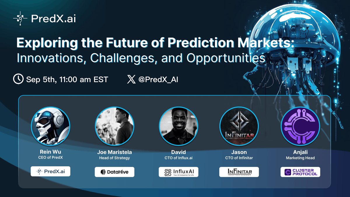 PredX_AI's tweet photo. 📢 Epic AMA Session this Thursday at 11am EST! Get ready to dive into the future of prediction markets with four incredible guests from @getDataHive, @Influx_AI_pro, @Infinitar_MOBA, &amp; @ClusterProtocol!🎙

Leave your questions &amp; your EVM address below for a chance to win $USDT!💰 https://t.co/LlvxVGooLi