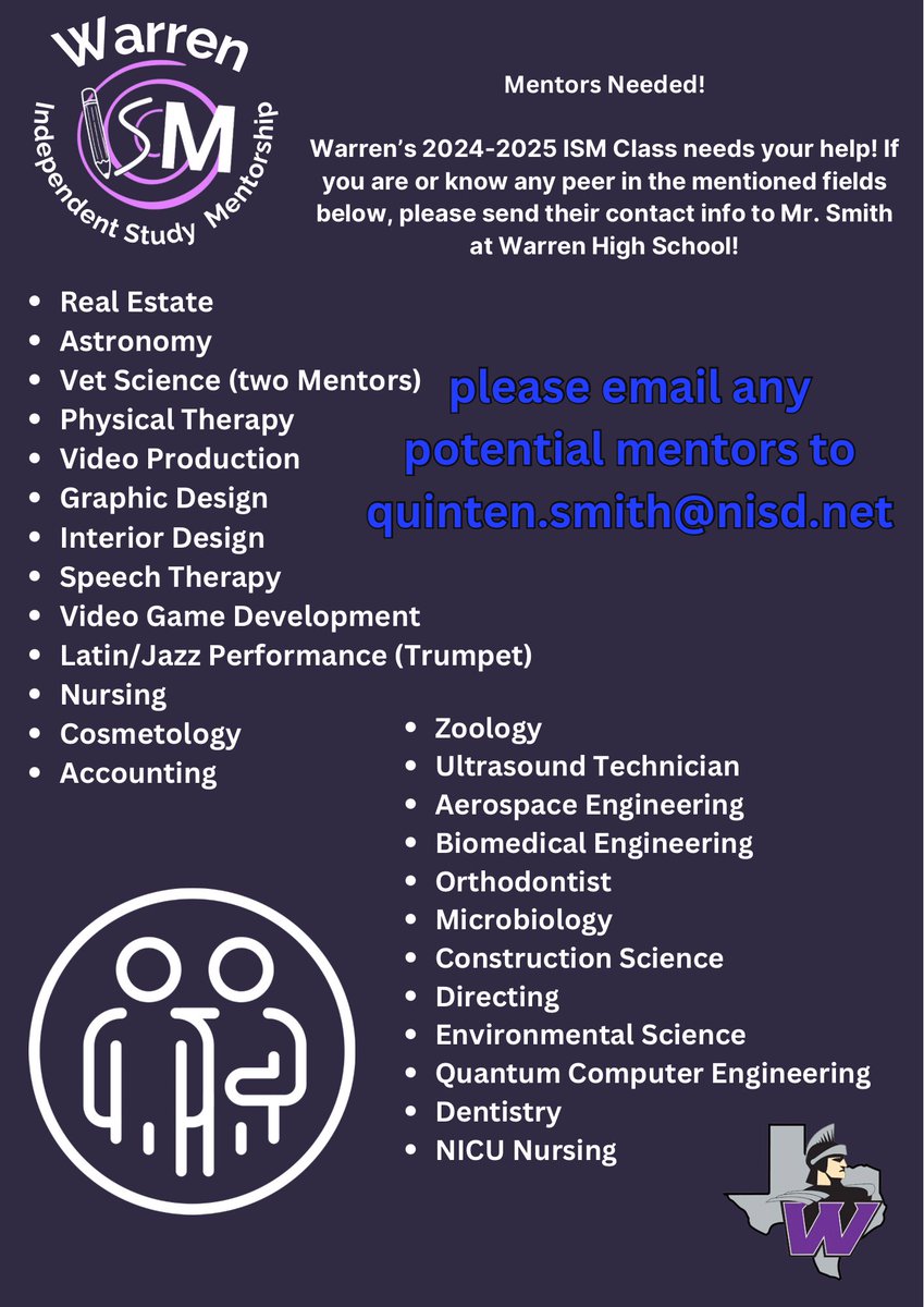 The Gifted Warrior (@nisdwarrengt) on Twitter photo It’s Mentor Season!
Please retweet and share for any leads!
Warren ISM has grown over the last few years and we need your help securing mentors with Warren’s best and brightest!
Please email all leads to Quinten.smith@nisd.net
<a href="/NISDGTAA/">NISD GT & AA</a> <a href="/nisdgteac/">NISDGTEAC</a> <a href="/NISDWarren/">NISDWarren</a> It’s Mentor Season!
Please retweet and share for any leads!
Warren ISM has grown over the last few years and we need your help securing mentors with Warren’s best and brightest!
Please email all leads to Quinten.smith@nisd.net
<a href="/NISDGTAA/">NISD GT & AA</a> <a href="/nisdgteac/">NISDGTEAC</a> <a href="/NISDWarren/">NISDWarren</a>