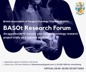 BASO Trainees (BASOt) (@surgoncta) on Twitter photo Our fourth research forum for trainees to share their research related to surgical oncology will be held on 3rd Oct 2024! Submit your abstract by 25th Sep 2024 for an opportunity to present your work orally on the national level! <a href="/BASO_ACS/">BASO~The Association for Cancer Surgery</a> <a href="/DouekMichael/">Michael Douek</a> <a href="/jsvaidya/">Prof Jayant Vaidya</a> <a href="/JimkhanMD/">Jim Khan</a> Our fourth research forum for trainees to share their research related to surgical oncology will be held on 3rd Oct 2024! Submit your abstract by 25th Sep 2024 for an opportunity to present your work orally on the national level! <a href="/BASO_ACS/">BASO~The Association for Cancer Surgery</a> <a href="/DouekMichael/">Michael Douek</a> <a href="/jsvaidya/">Prof Jayant Vaidya</a> <a href="/JimkhanMD/">Jim Khan</a>