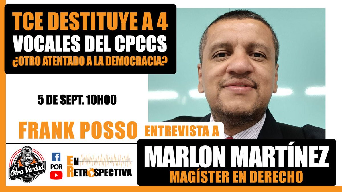 Marlon Martínez Molina (@martinezmolinam) on Twitter photo Mañana estaré dando mi opinión jurídica en <a href="/EnRetrospctiva/">En Retrospectiva</a> sobre la destitución de los consejeros del <a href="/CpccsEc/">Participa Ecuador</a>.
El link para los que deseen conectarse. 🔎 ⚖️
us02web.zoom.us/j/81411794385?… Mañana estaré dando mi opinión jurídica en <a href="/EnRetrospctiva/">En Retrospectiva</a> sobre la destitución de los consejeros del <a href="/CpccsEc/">Participa Ecuador</a>.
El link para los que deseen conectarse. 🔎 ⚖️
us02web.zoom.us/j/81411794385?…