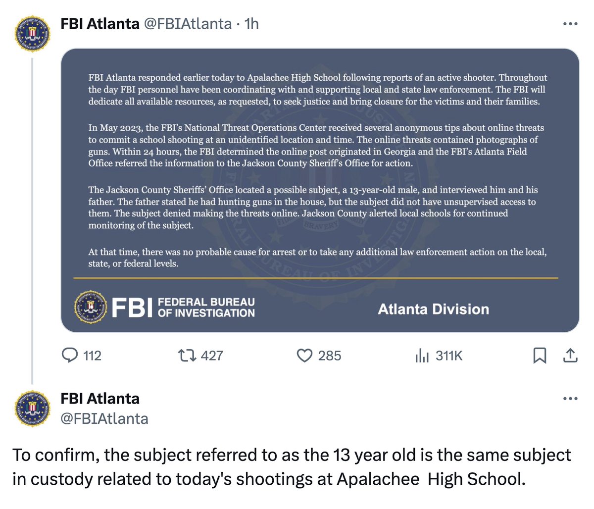 Just in: The FBI has confirmed that the Georgia teen suspect in the deadly school mass shooting has been on their radar since last year.

Four people were killed, and nine were injured at Apalachee High School in Winder, Ga.