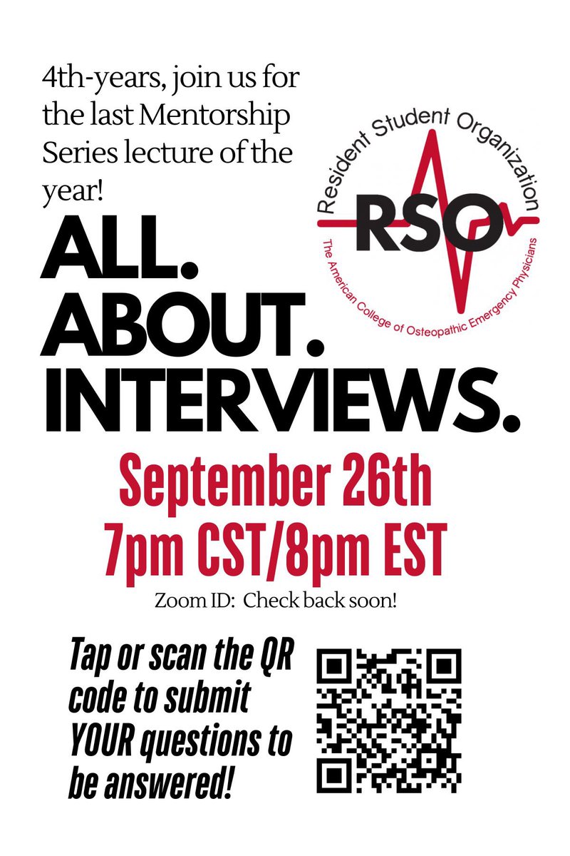 Alexandra Cooper, DO, MS (@a_sapp12) on Twitter photo It is time for me to announce my final RSO Mentorship Series as Director of Student Affairs, and I’m really excited for this one!
Submit your questions and get ready for a night of dialogue about interview season from current OU EM Chair <a href="/BoBurnsDO/">Bo Burns, DO, MBA, MHA FACEP</a> and myself! It is time for me to announce my final RSO Mentorship Series as Director of Student Affairs, and I’m really excited for this one!
Submit your questions and get ready for a night of dialogue about interview season from current OU EM Chair <a href="/BoBurnsDO/">Bo Burns, DO, MBA, MHA FACEP</a> and myself!