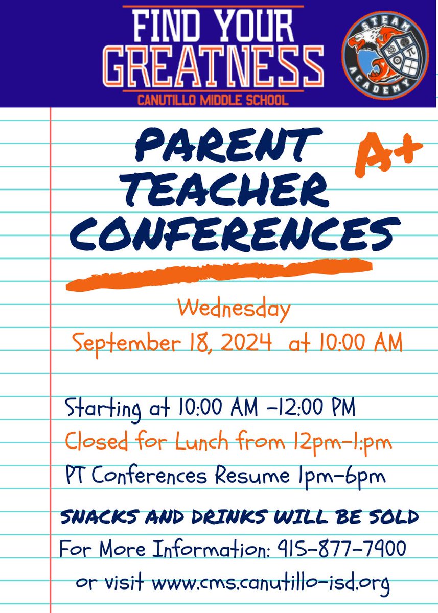 Judge, Chris (@eaglejudge91) on Twitter photo Canutillo MS Parent-Teacher Conferences!
Join us on Wednesday, September 18, 2024, starting at 10:00 AM for our Parent-Teacher Conferences! 📷 This is a great opportunity to connect with your child’s teachers and discuss their academic progress. <a href="/CanutilloISD/">Canutillo ISD</a> Canutillo MS Parent-Teacher Conferences!
Join us on Wednesday, September 18, 2024, starting at 10:00 AM for our Parent-Teacher Conferences! 📷 This is a great opportunity to connect with your child’s teachers and discuss their academic progress. <a href="/CanutilloISD/">Canutillo ISD</a>