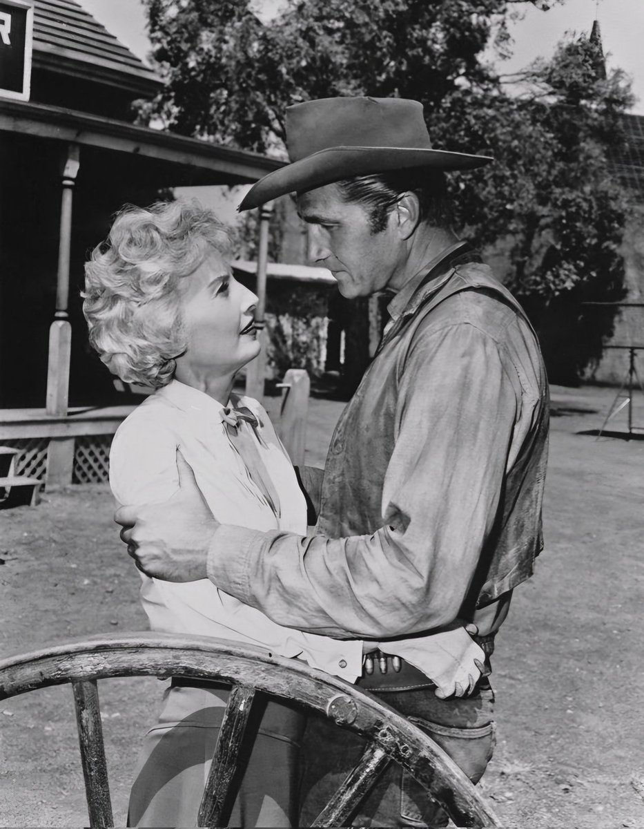 Barbara Stanwyck as Nora Holloway &amp; Eric Fleming as Gil Favor in 'The Captain's Wife' episode of Rawhide #DailyCowboy