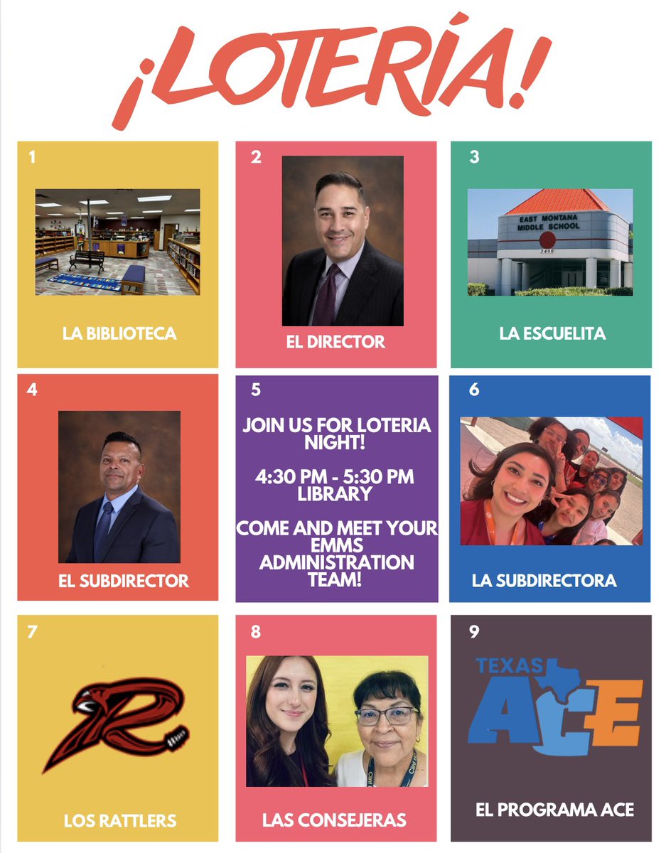 Attention EMMS Community 📣Join us for Loteria Night with ACE on Tuesday, Sept. 10th starting at 4:30 pm in the library! Come hang out with our principal, assistant principals, and counselors for a chance to win movie tickets!
<a href="/ANavarro_EMMS/">Alex Navarro</a> <a href="/bre_terrazas/">Brenda Terrazas</a> <a href="/PenaPaulette12/">Paulette</a>