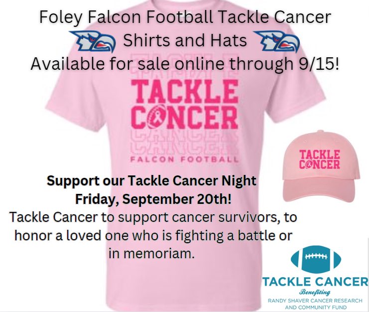 Limited time ordering available for Tackle Cancer t shirts and hats through Henry's! foleytacklecancer24.itemorder.com/shop/home/ 
Ordering window is through Sunday, September 15th-these are on a preorder basis only-estimated delivery to the school on 9/18.
