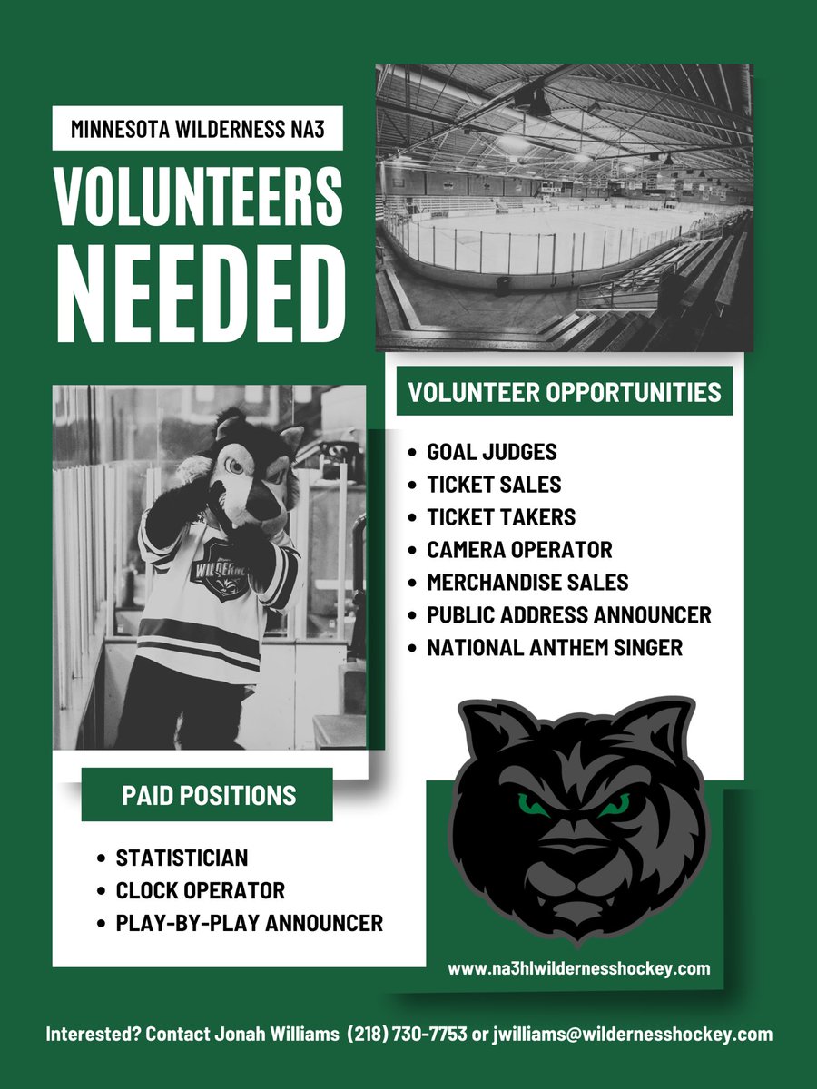 Join the Buzz in the Wilderness! We have some volunteer opportunities! 

✨ Energetic environment 
✨ Involved in the hockey community 
✨ Fun night 
✨ Variety of opportunities 

Please reach out to Jonah Williams to volunteer and with questions 😊