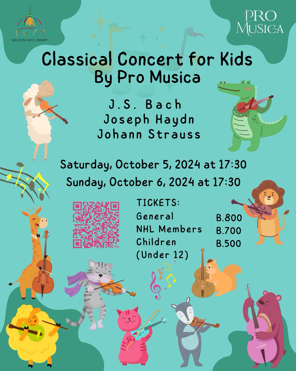 CLASSICAL CONCERT FOR KIDS
Performed by Pro Musica at 17:30
Oct 5 (Sat) or Oct 6 (Sunday) 
Ticket Prices: 
      General Public - 800 Baht
      Library Members - 700 Baht 
      Children Under 12 - 500 Baht (free for under 2 years old) For mpre info &gt;&gt;&gt;neilsonhayslibrary.org