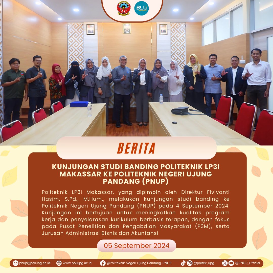 OfficialPnup's tweet photo. [ STUDI BANDING ]

Studi banding untuk masa depan pendidikan yang lebih baik! Politeknik LP3I Makassar berkunjung ke PNUP untuk memperkuat kolaborasi dan berbagi inovasi. Bersama, kita tingkatkan kualitas pendidikan vokasi!
#PNUP #Pnupmaccaki #pnupahlinyavokasi
#politekniknegeri https://t.co/LaNQttt2Dq