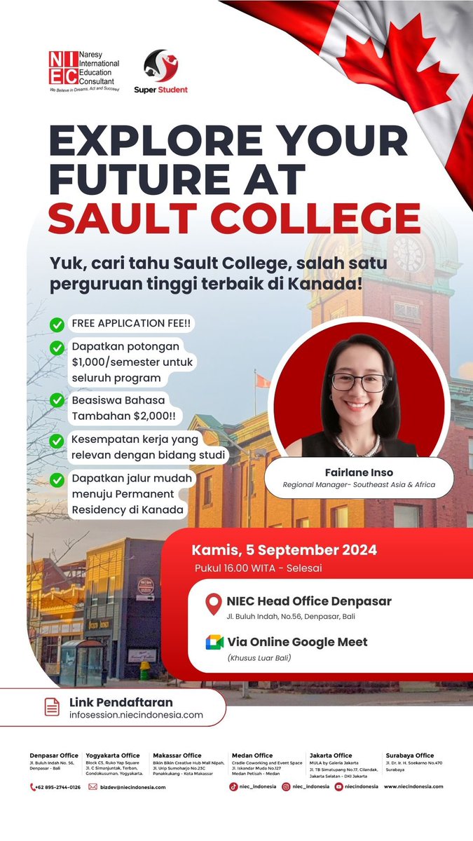 ‼️Hari Ini Banget‼️

Yuk buruan daftar info session kampus Sault College🥳Kampus yang punya banyak banget benefit dari biaya kuliah affordable, punya banyak jurusan, hingga beasiswa untuk siswa Indonesia🥳🇨🇦

Yuk buruan daftar gratis di sini👇

infosession.niecindonesia.com/detail/explore…
