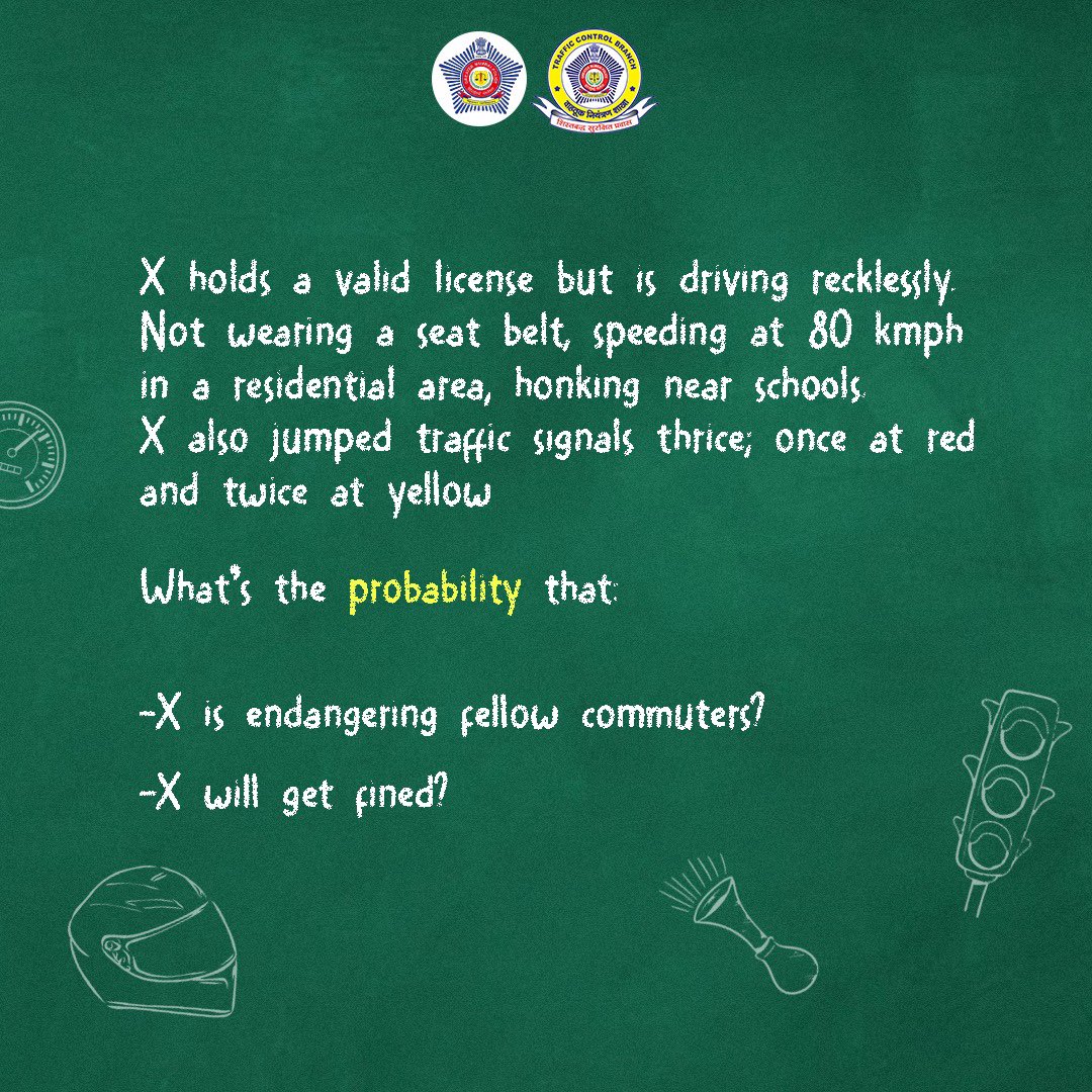 MTPHereToHelp's tweet image. The probability is, that you are likely to end up calculating the ‘x’ amount of challans.

#ProbabilityOfRisk
#PossibilityOfFines
#TeachersDay