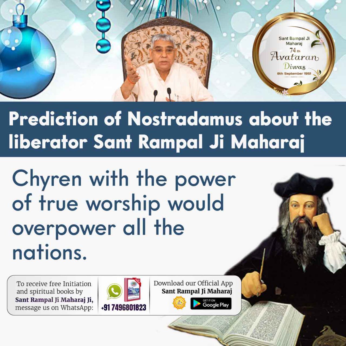 VisheshDas11's tweet photo. #Prophecy_About_SantRampalJi
नास्त्रेदमस ने अपने ग्रंथ के शतक 1 श्लोक 50 में कहा है "यह मेरी भविष्यवाणी की गौरव की बात होगी कि वास्तव में वह तत्वदर्शी संत संसार में अवश्य प्रसिद्ध होगा। 
Savior Of The World https://t.co/rc0NAtJmUm