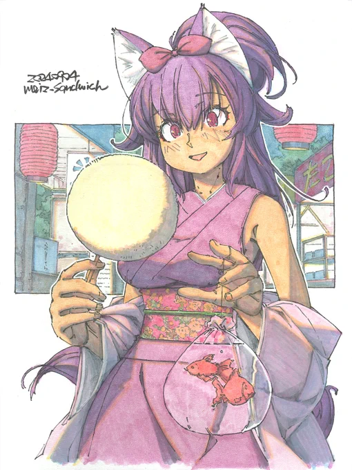 【アナログ2174:初代の夏祭り】少し過ごしやすくなった夕暮れに。#水彩 #狐娘 #原画 