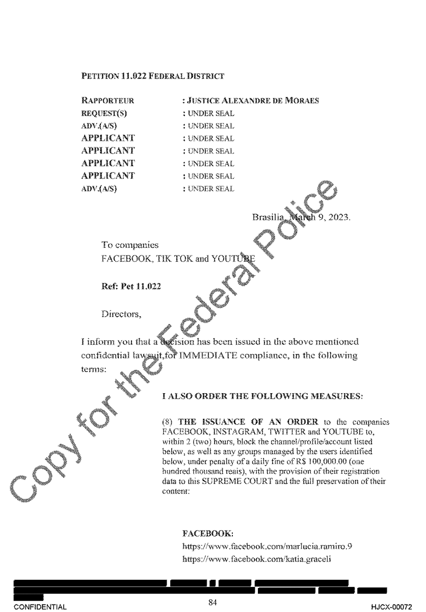 AlexandreFiles's tweet image. Alexandre de Moraes’s illegal orders censored not only prominent politicians and journalists, but also everyday Brazilians.
For example, in this order from March 9, 2023, like many other similar orders, Moraes secretly ordered the censorship of social media accounts belonging to…