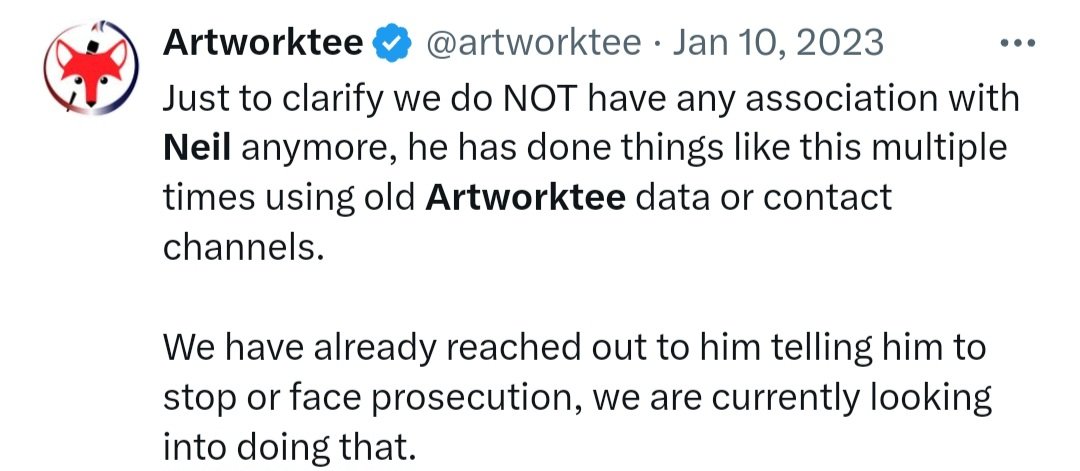 Artist/Buyer Beware

The previous owner of Artwork Tee/ Neil Fox has popped up under a new name 'Tail Fluff' and is emailing Megaplex dealers.

Please do your research before buying from or collaborating with this person.